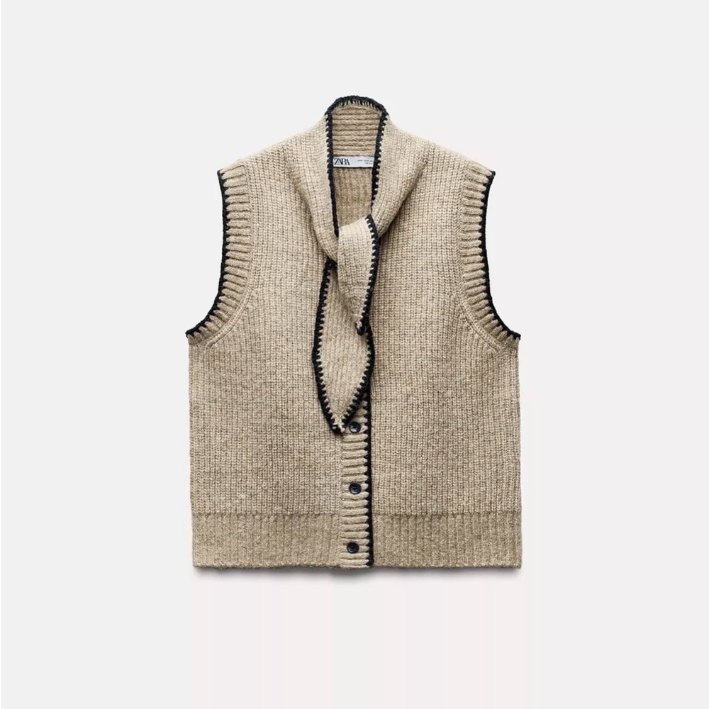 Zara Tan Knit Vest with Black Edging